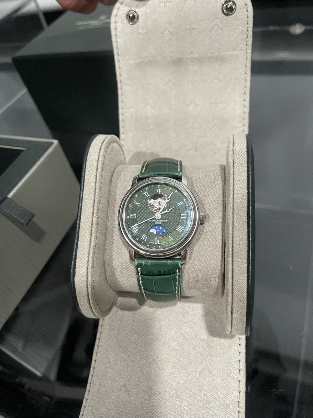 Men's Green Leather Strap Moonphase Dress Watch